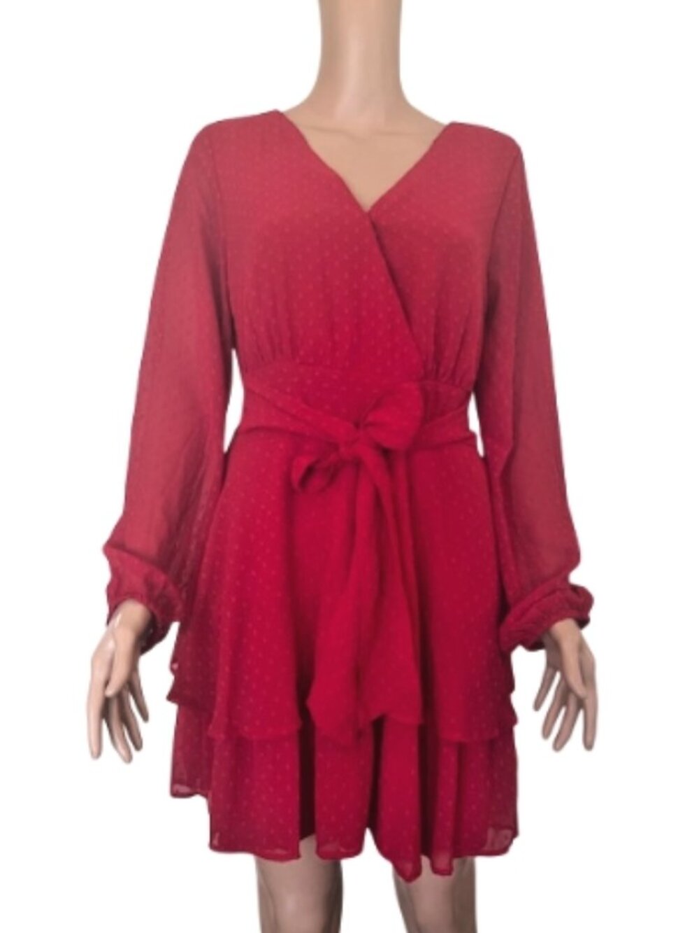 Japna Red Lightweight Stubble Textured Long‑Sleeve Tier Skirt Dress – Size L